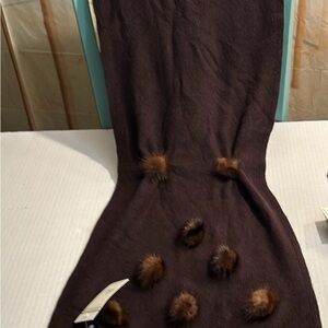 Brown Angora wool scarf with attached mink balls  on each end.